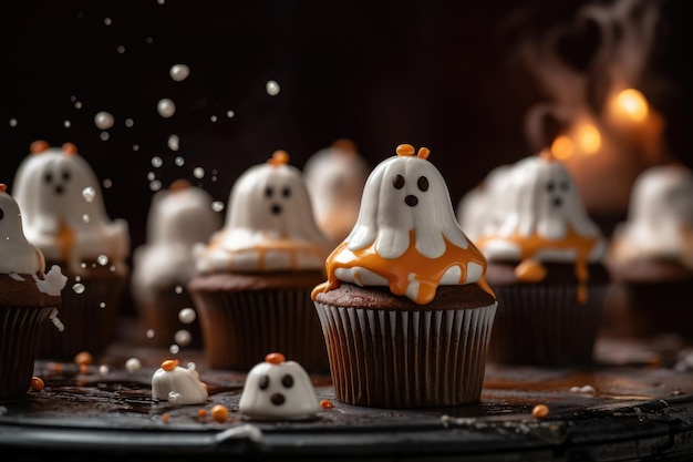 Sweet food for Halloween Ghost cupcakes decorated with Halloweeninspired decorations in the style of dark orange and dark brown Generative AI