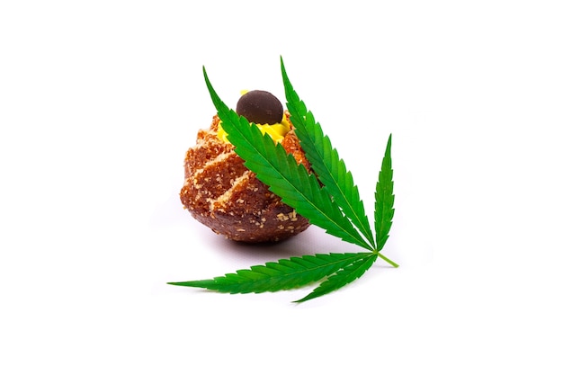 Sweet fresh cupcake with green leaf of marijuana plant isolated on white background, cannabis butter sweets.