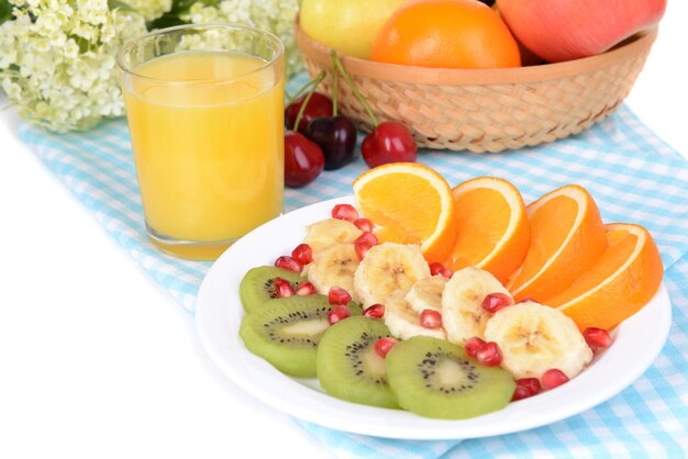 Sweet fresh fruits on plate on table closeup