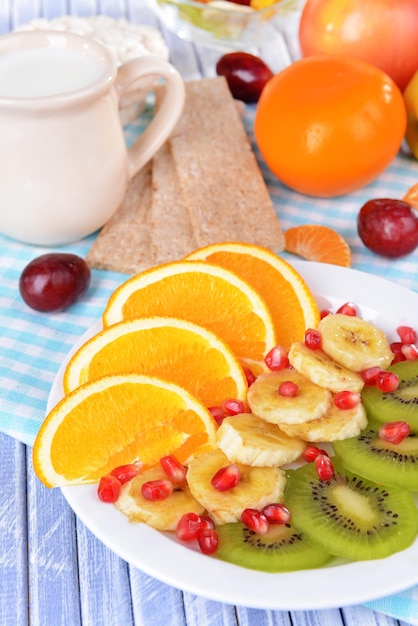 Sweet fresh fruits on plate on table closeup