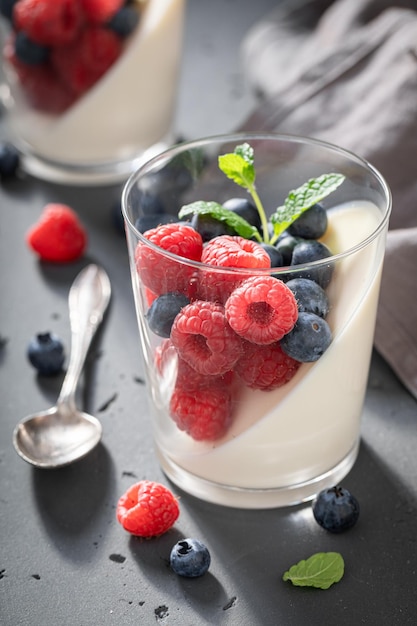 Sweet and fresh Panna Cotta made of gelatin and berries