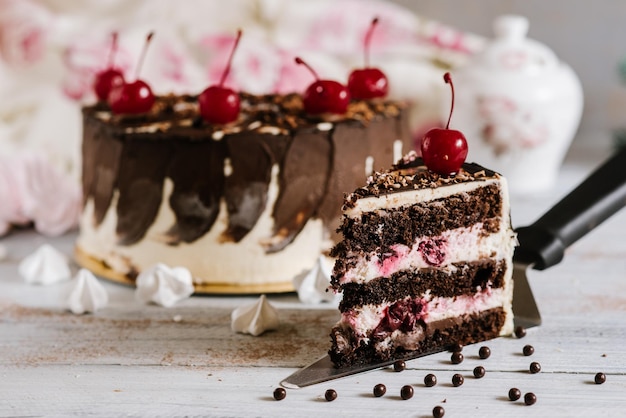 Sweet fruit cake with layers on the white background