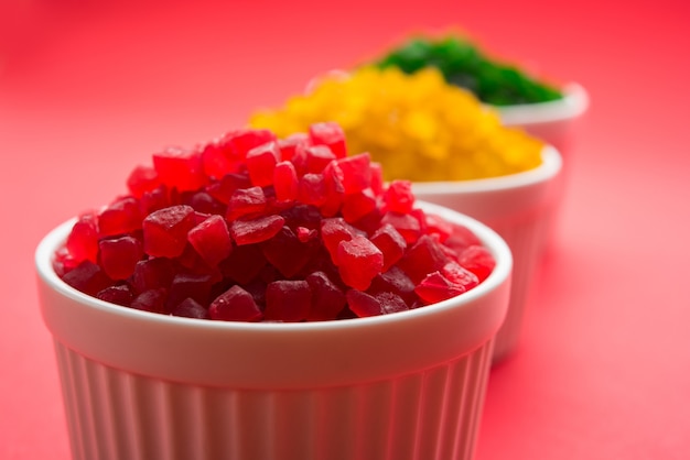 Sweet Fruit Candy Also Know As tutti-frutti, Candied Fruits served in a bowl used in masala pan in india or in cakes or sweets