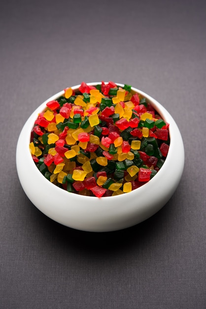 Sweet Fruit Candy Also Know As tutti-frutti, Candied Fruits served in a bowl used in masala pan in india or in cakes or sweets