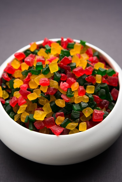 Sweet Fruit Candy Also Know As tutti-frutti, Candied Fruits served in a bowl used in masala pan in india or in cakes or sweets