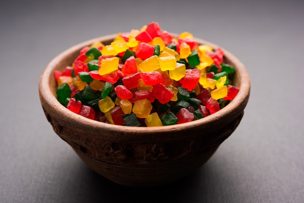 Sweet Fruit Candy Also Know As tutti-frutti, Candied Fruits served in a bowl used in masala pan in india or in cakes or sweets