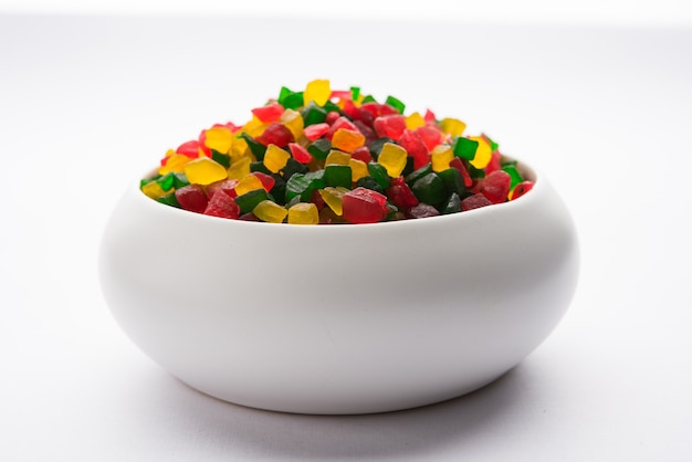 Sweet Fruit Candy Also Know As tutti-frutti, Candied Fruits served in a bowl used in masala pan in india or in cakes or sweets