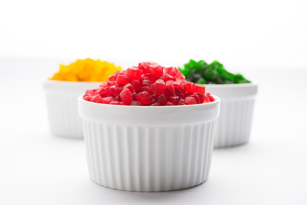 Sweet Fruit Candy Also Know As tutti-frutti, Candied Fruits served in a bowl used in masala pan in india or in cakes or sweets