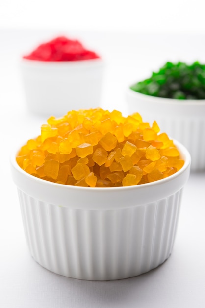 Sweet Fruit Candy Also Know As tutti-frutti, Candied Fruits served in a bowl used in masala pan in india or in cakes or sweets