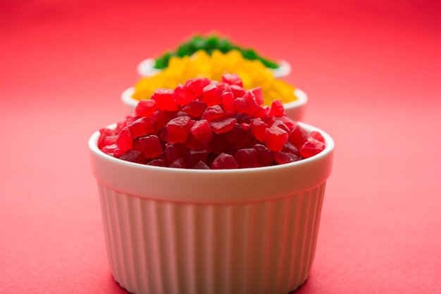 Sweet Fruit Candy Also Know As tutti-frutti, Candied Fruits served in a bowl used in masala pan in india or in cakes or sweets