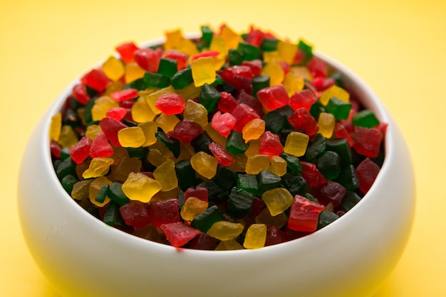 Sweet Fruit Candy Also Know As tutti-frutti, Candied Fruits served in a bowl used in masala pan in india or in cakes or sweets