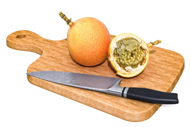 Sweet granadilla lies on a wooden board next to a knife 3D rendering