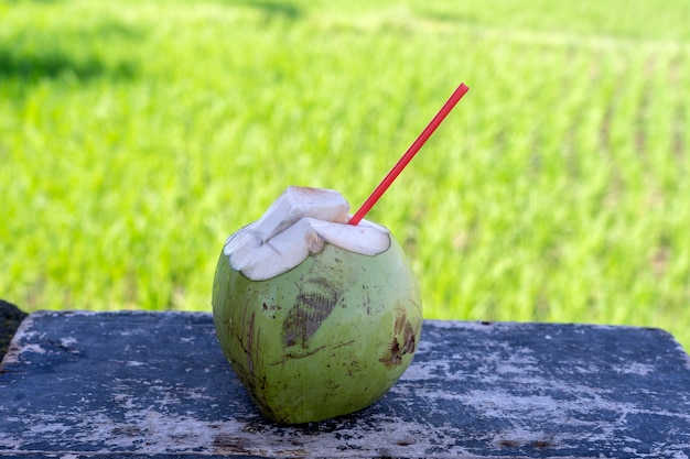 Sweet green coconut water with drinking straw on wooden board