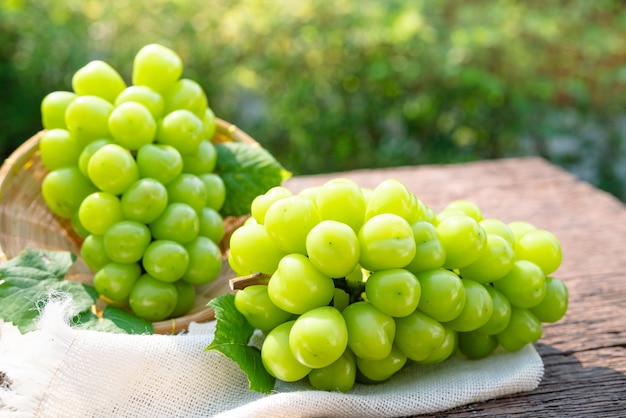 Sweet Green grape in Bamboo basket on wooden table Japanese Shine Muscat Grape  on blur background