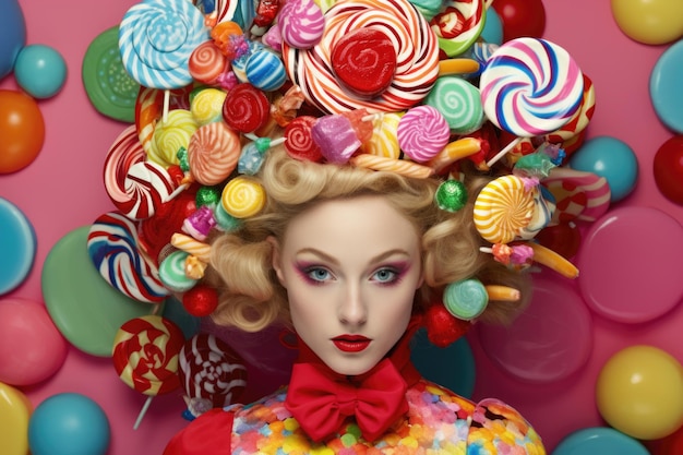 Photo sweet hairstyle elegance step into candycore style as a woman flaunts a bowthemed hairstyle amid a sugary wonderland creating a visually enchanting scene