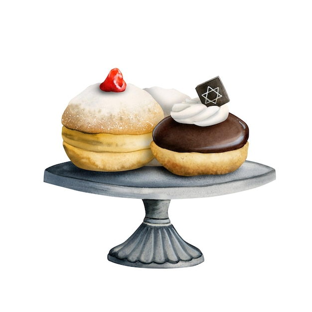 Sweet Hanukkah donuts for Jewish holiday Sufganiyot jelly doughnuts chocolate coated on a cake stand