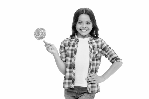 Sweet happiness Girl smiling face hold sweet lollipop Girl like lollipop candy isolated white background Control nutrition of your child Sweet tooth and food addiction Can sugar make us happy