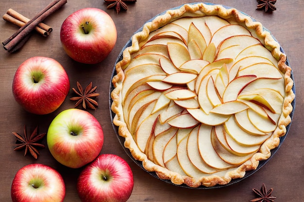 Sweet homemade apple pie with cinnamon and sugar on table