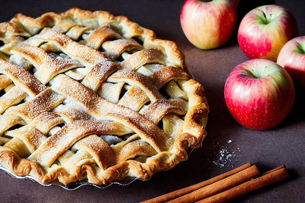 Sweet homemade apple pie with cinnamon and sugar on table