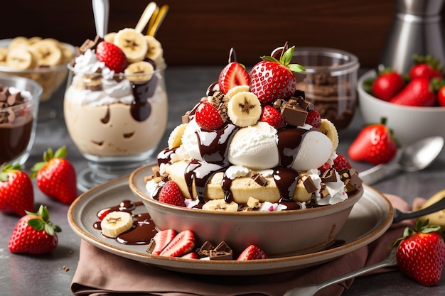 Sweet Homemade Banana Split Sundae with Chocolate Vanilla Strawberry Ice Cream