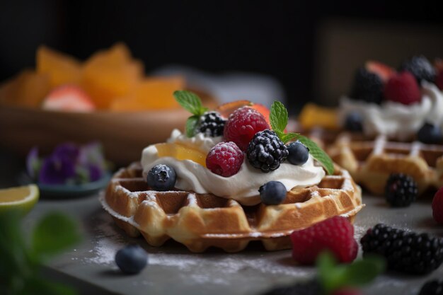 Sweet homemade belgian waffle with whipped cream and fruits