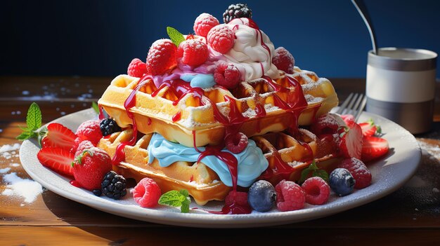 Sweet Homemade Berry Belgian Waffle Generative Ai