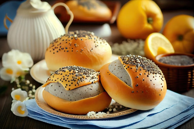 Sweet homemade buns with cream poppy seed filling