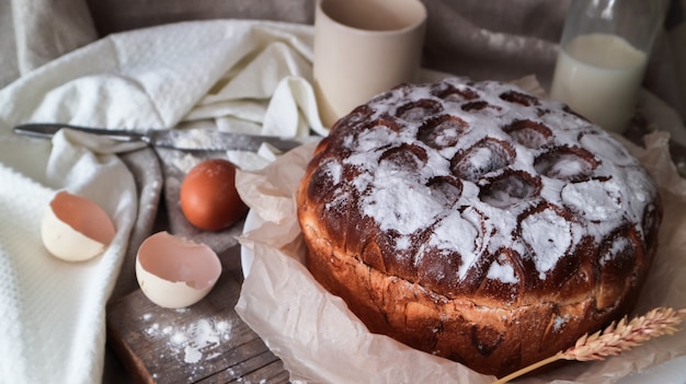 sweet homemade cake on a light background