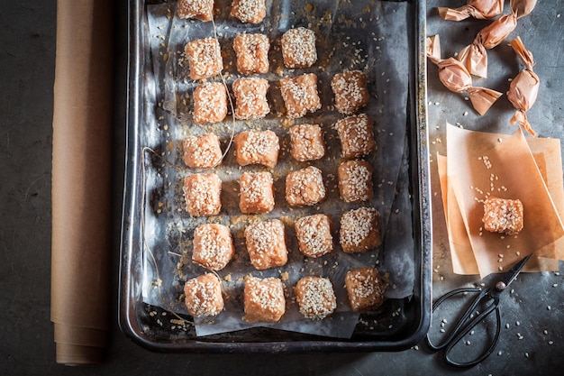 Sweet homemade fudge made of milk and sesame