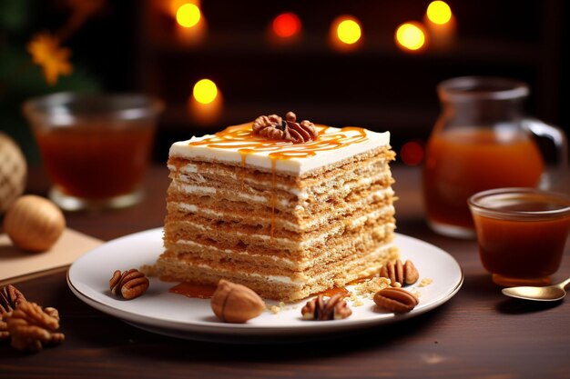 Sweet homemade layered honey cake with spices and nuts