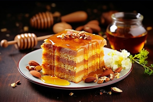 Sweet homemade layered honey cake with spices and nuts