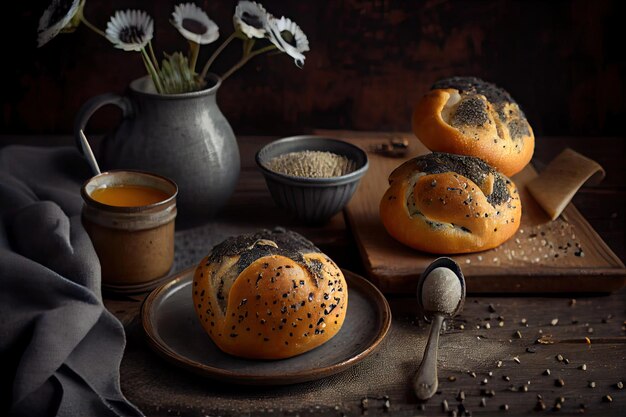 Sweet homemade poppy seed buns with seeds for breakfast