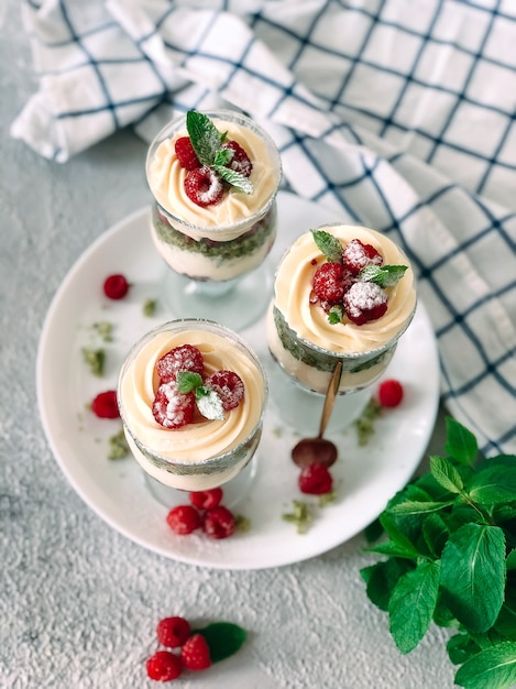 Sweet homemade trifle dessert with raspberries and cream cheese.