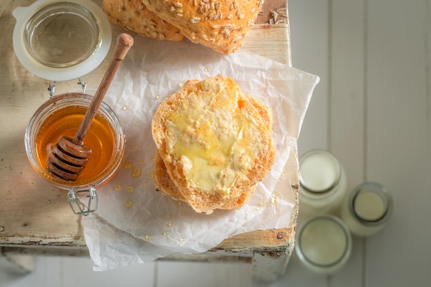 Sweet and homemade wholemeal buns for breakfast