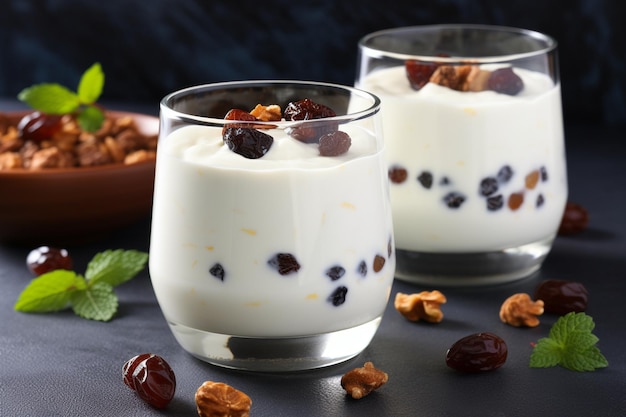 Sweet homemade yogurt with raisins in a glass on a wooden table