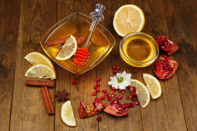 Sweet honey on wooden table