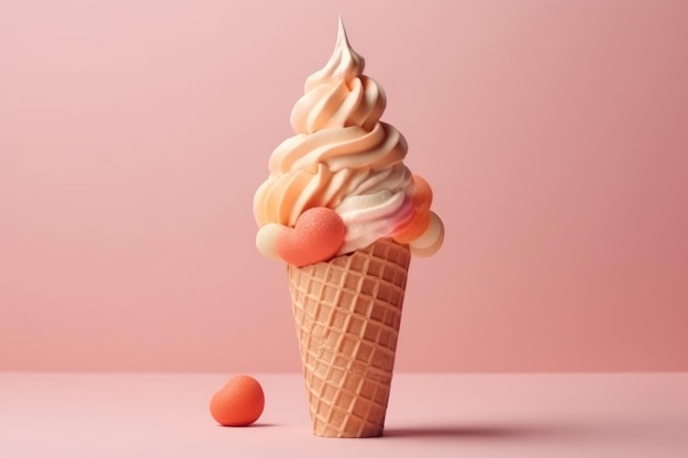 A sweet ice cream cone on pastel background with text space Generative AI