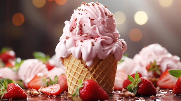 Sweet ice cream cone with strawberry