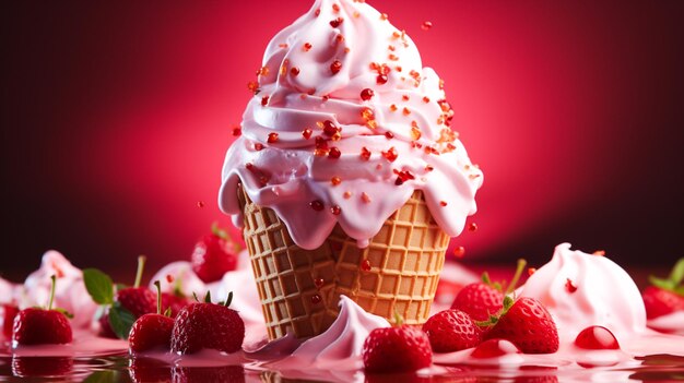 Sweet ice cream cone with strawberry