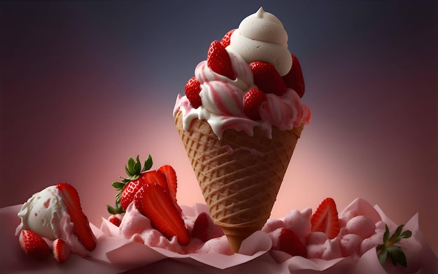 Sweet ice cream cone with strawberry