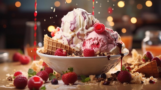 フルーツクリームとチョコレートスプリンクルを詰めた、さまざまな色の甘いアイスクリーム