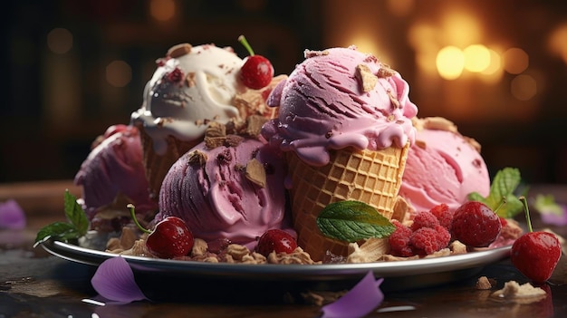 다양한 색상의 달콤한 아이스크림에 과일크림과 초콜릿 스프링클을 채운
