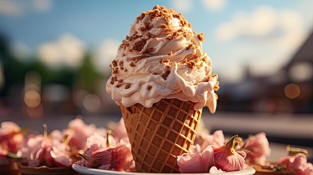 Sweet ice cream of various colors and filled with fruit cream and chocolate sprinkles