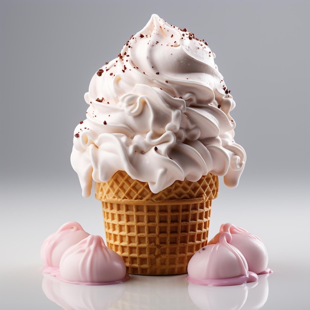 白い背景にカップとトッピングの甘いアイスクリーム