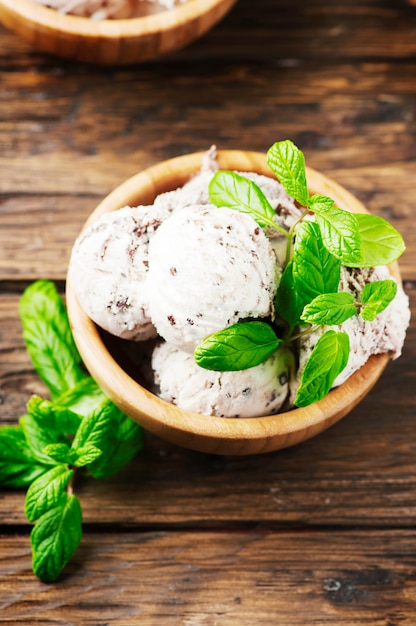 Sweet ice cream with mint and chocolate