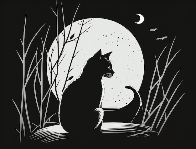 A sweet and innocent cat illustrated in a minimalist black and white style
