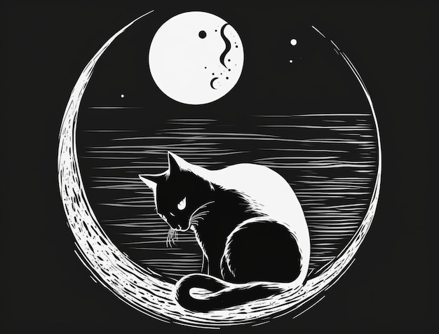 A sweet and innocent cat illustrated in a minimalist black and white style