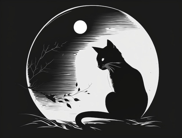 A sweet and innocent cat illustrated in a minimalist black and white style