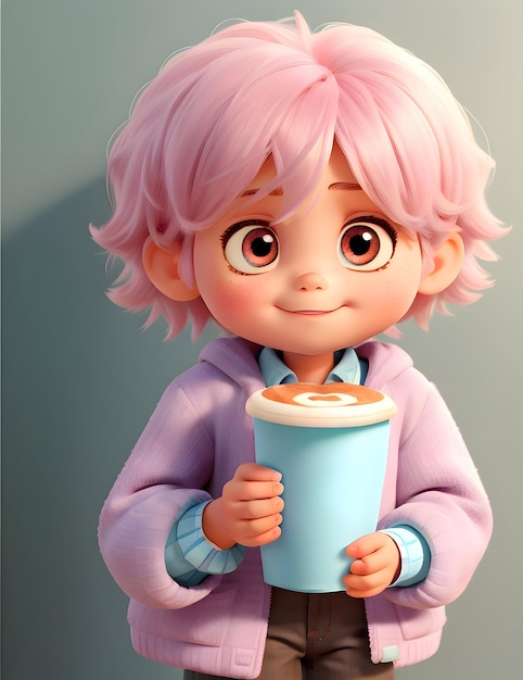 Милый и невинный ребенок с большими глазами, похожими на лань, пьет кофе 3d мультипликационный персонаж