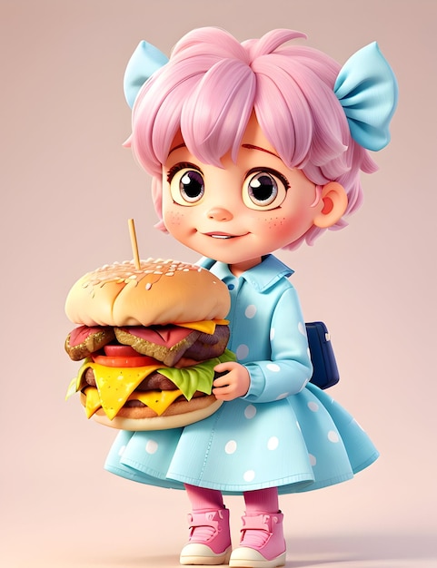 A sweet and innocent child with big doelike eyes eat burger 3d cartoon character